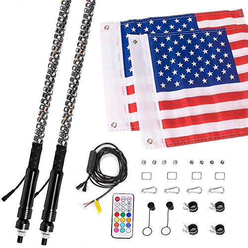 3FT LED Whip Light Chasing Color for UTV ATV 4 Wheeler Powersports Accessories, RF Wireless Remote, Weatherproof RGB 5050 LED Lighted Whip Antenna with USA Flag for RZR Can-Am Polaris, 2pcs