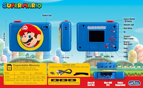 Image of Super Mario Kids Camera with SD Card, Digital Camera for Kids with Video Recording and Built-in Digital Stickers (Super Mario)