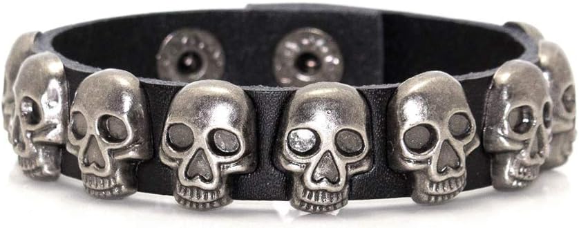 Xusamss Punk Rock Alloy Buckle Leather Wristband Skull Cuff Bracelet,7.5