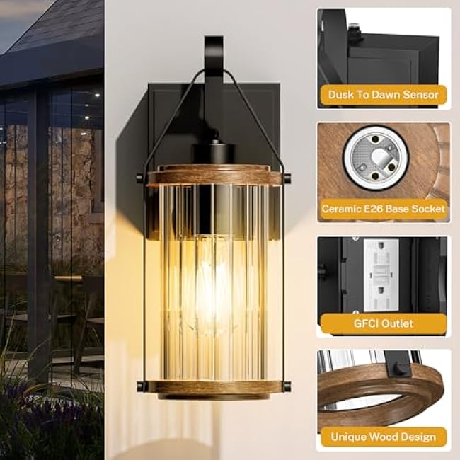 Porch Light with Outlet GFCI Dusk to Dawn Outdoor Lights 1 Pack for House Waterproof Exterior Lighting Fixtures Wood Glass Front Porch Garage Black