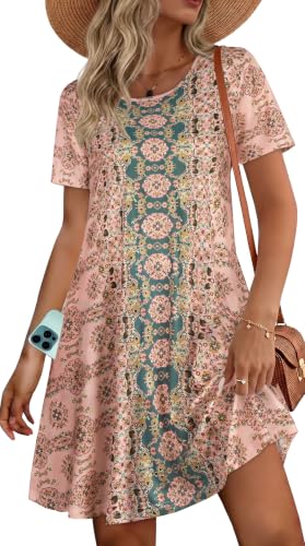 Image of elescat Womens Summer Dresses Casual Loose Tshirt Floral Pockets Sundress