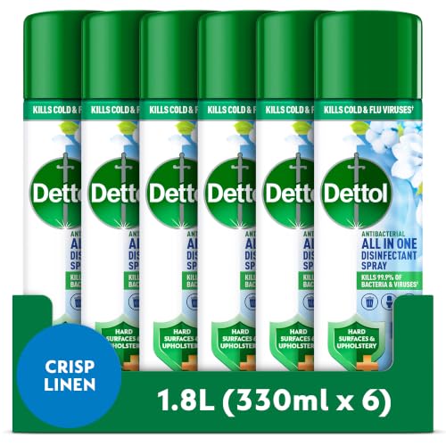 Dettol Antibacterial Spray Crisp Linen 1.8L (300ml x 6pck) Disinfectant Household Sanitiser Hard Surfaces Upholstery cleaner No Wiping Kills 99.9 Percent of bacteria
