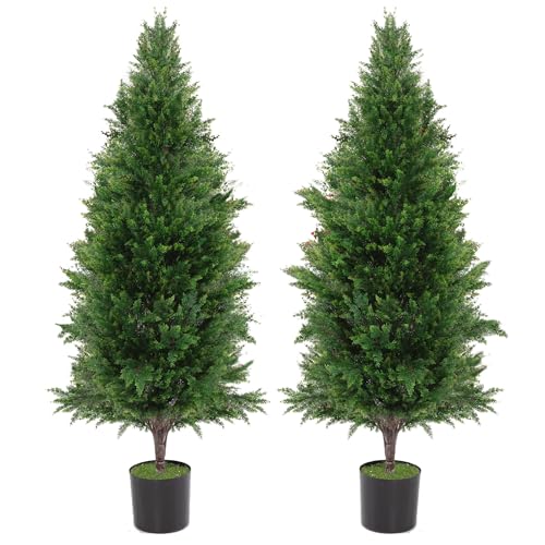 5.3 FT Topiary Trees Outdoor,JAXPETY UV Resistant Fake Pine Tree,63' Small Christmas Tree with Red Berries, Shrubs Evergreen Potted Plants for Front Door Decor, Tall Artificial Cedar Outside (2pcs)