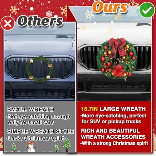 15.7in Large Car Wreath Christmas Decor - Xmas Front Grille Decoration Gifts for Truck SUVs Automotive, Winter Holiday Artificial Bows Flowers Ornament Accessories - Red by PAMASE - Image 2