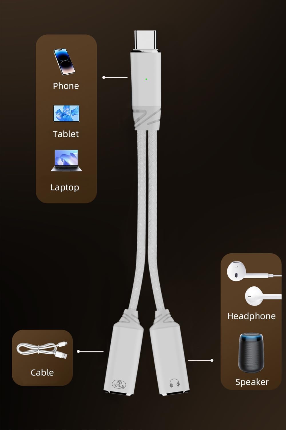 USB C Splitter, Dual USB C Headphone and Charger Adapter Audio Dongle Cable with PD 100W Fast Charging for iPhone 16/15 Series, iPad, MacBook, Galaxy S24/S23 and More (White) image 6 of 6 B0F27JN7D2