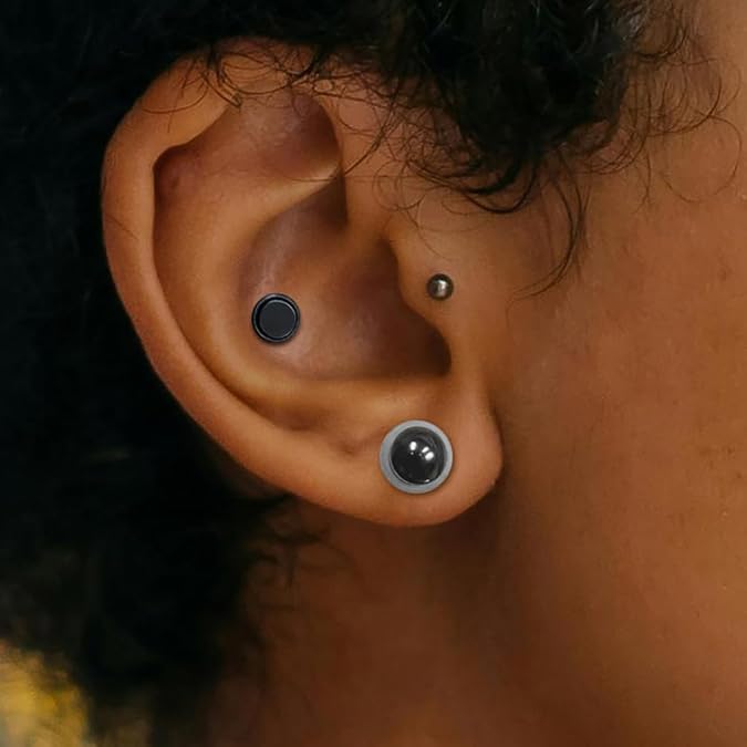 1.6mm-24mm Full Size Stainless Steel Ear Stretching Kit with 2PCS O-Rings/Pair,Comfy Pain-free Single Flared Dead Stretching Gauges Tunnels Plugs,Black Silver Body Piercing