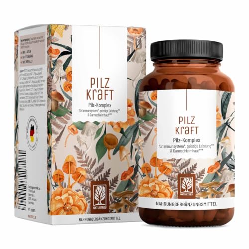 NATURTREU Pilz Komplex hochdosiert 120 Kapseln mit Hericium Erinaceus (Lions Mane) Extrakt Chaga Reishi Extrakt Shiitake Extrakt Beta Glucan Vitamin B2 B5 & B6