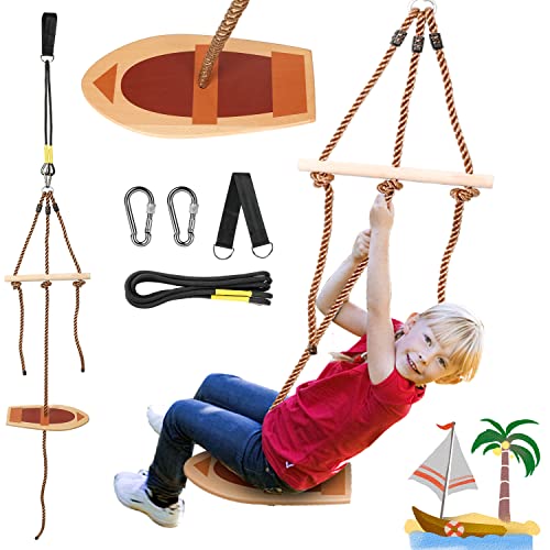 NTR Sailboat Swing Set, 2-in-1 Multi Play Hanging Wooden Tree Swings, Premium Beech Wood Swing with Adjustable Climbing Rope Holds Up to 330 Pounds, for Outdoor Backyard Playground Accessories