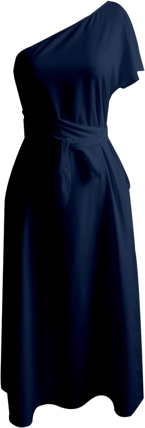 Long Sundresses for Womens Summer Shoulder Neckline Ruffle Maxi Dress Waist Tie Flowy Casual Formal Dress Beach