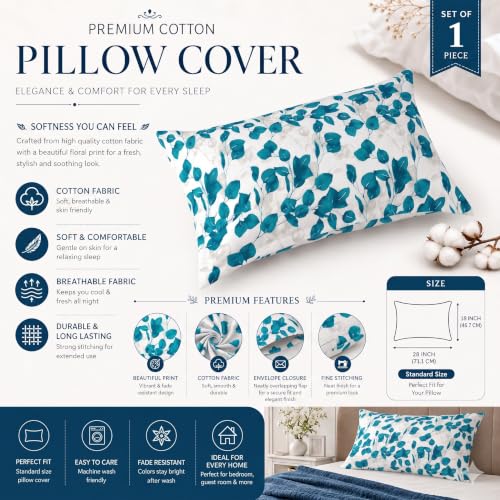 Image of IVAZA 220 TC Soft Ezyption Cotton Floral Single Bed Sheet - Single bedsheet with 1 Pillow Cover Hypoallergenic, Brethable, (Size- 90 x 60 Inch White Blue Leaf