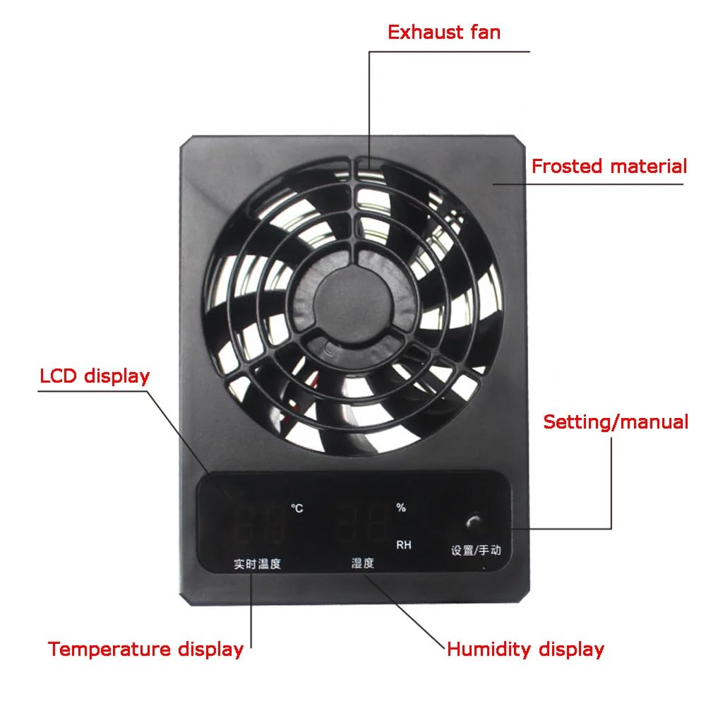 Termómetro e Higrómetro para Tanque de Selva Tropical de Reptiles, Ventilador de Ventilación con Control Inteligente Deshumidificador de Ventilación con Pantalla Digital
