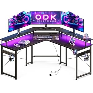 ODK Gaming Schreibtisch mit LED, Gaming Tisch mit 2 Steckdosen und 2 USB Ladeanschluss, Eckschreibtisch mit großzügiger Monitorablage, Schwarz