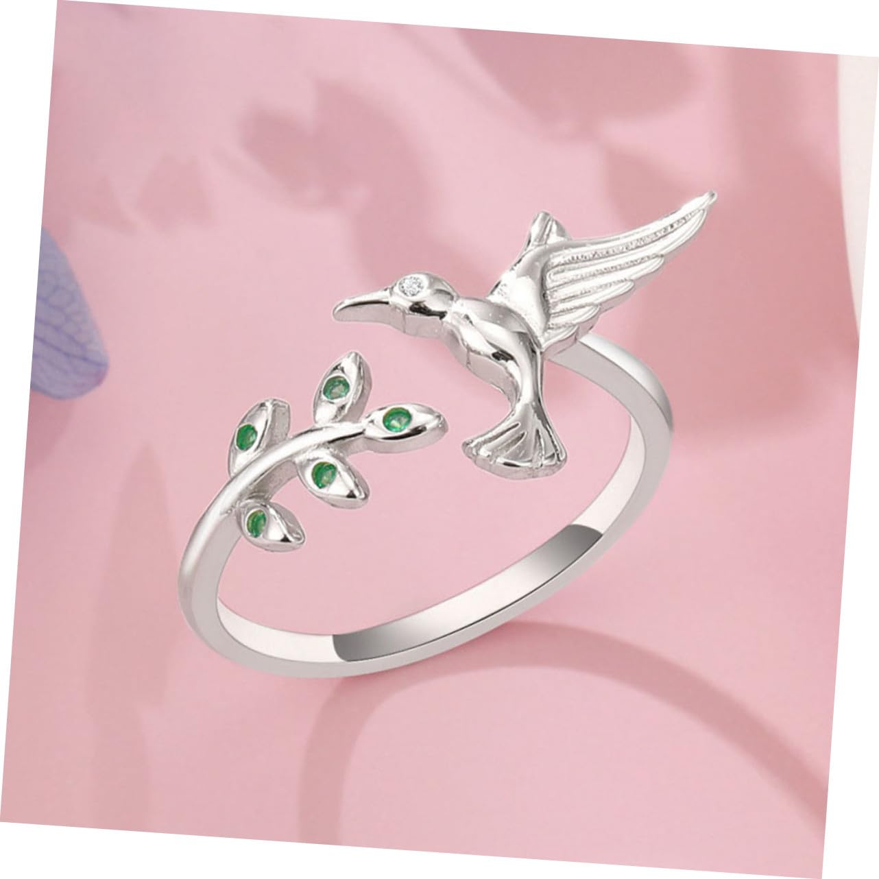 HANABASS Anillo Abierto de Colibrí y Hojas para Mujer, Joyas de Anillo Ajustable, Diseño Ligero de Metal Seguro, Moda para Chicas Adolescentes, Uso Diario, Tamaño Único, Color Platino
