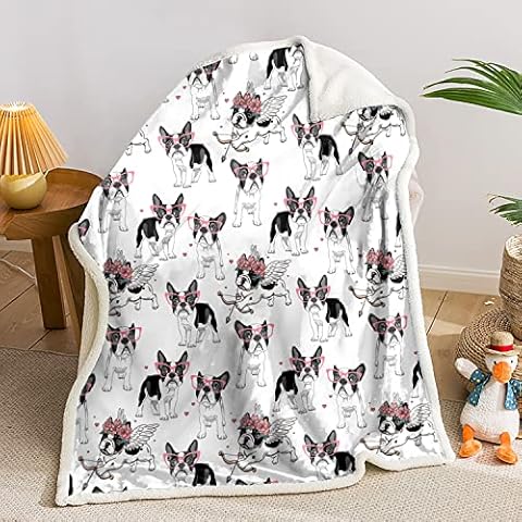 AILONEN Boston Terrier Plush Blanket French Dog Cupid Archery Love, Glasses Dog Wreath Cute Dog, Kids Girl Fleece Cashmere Sherpa Throw Blanket(47 x31 inches) Cover