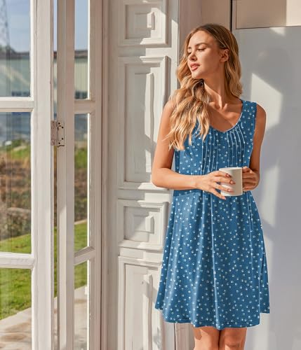 Image of Ekouaer Nightgowns for Women Sleeveless Sleep Shirt Tank Night Gown V Neck Chemise Pleated Night Shirt Soft Sleep Dress