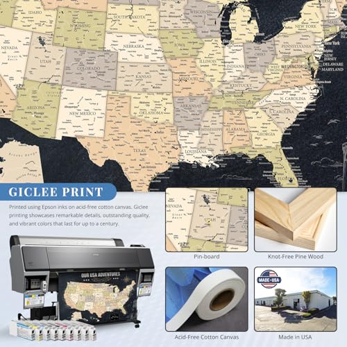 Image of IPIC - Vintage USA Travel Map, Pin Board Canvas Wall Art, Travel Map with Pins Included, Ready to Hang for Home or Office, 30x24 Inch