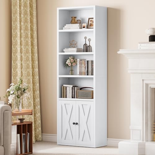 YITAHOME Librería, Estanterías Independientes con Armario, Estantes Industriales, Estante de Almacenamiento, Estante de Madera, Gabinete Alto para Sala de Estar Cocina Oficina en Casa, Blanco