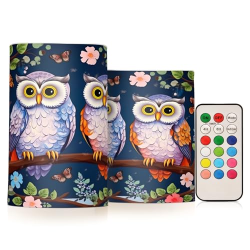 Kigai Owls Sitting on Branch Flameless Candles with Remote Control and Timer,Battery Operated LED Pillar Candles Adjustable Brightness for Ourdoor Indoor Use,Home Decor,2 Pack