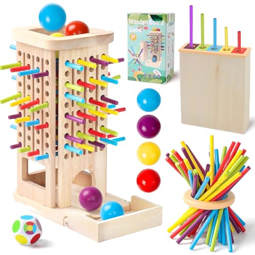 3-in-1 Jeu de Société en Bois Montessori, Jeux de Tour en Bois avec Bâtonnets Colorés et Dés,Apprentissage Couleurs et Équilibr,Jouets de Motricité Fine...