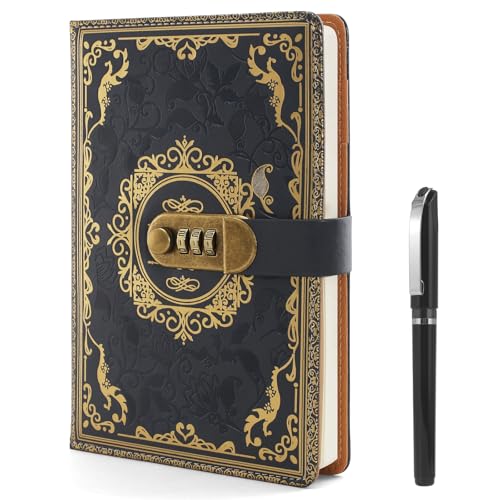 GTNCE Journal intime avec cadenas, carnet de notes A5 avec stylo, journal intime en cuir avec code, vintage, carnet secret avec serrure à combinaison, pour femmes, hommes, filles, adolescents (14,8 x
