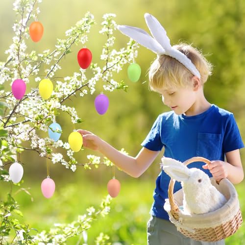 TOSAVGA 24 Stück Ostereier zum Aufhängen, Bunte Ostereier Plastik mit Schnur, 6 x 4CM Plastikeier Osterdeko, Ostereier Deko zum Hängen, Kunststoffeier Dekorieren für Draußen, Oster Plastik Eier