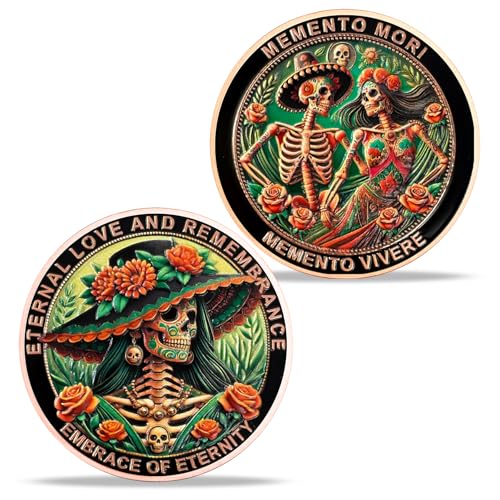 Ensemble de pièces de monnaie de couple squelette mexicain | Amour éternel et souvenir double pièces avec thème Memento Mori | Idéal pour célébrer les anniversaires, les moments spéciaux et les jalons