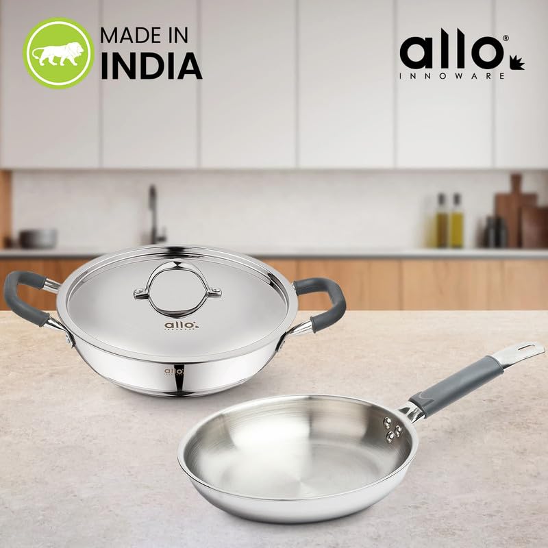 Image of Allo Stainless Steel Triply Cookware Set | Kadai with Lid (22 Cm /3 L)+ Fry Pan (22 Cm /1.5L) | Perfect Cooking Combo for Curry /Stir-Fry /Deep-Fry /DryVeg /SautA Induction Friendly Set of 3Pcs | Nonstick