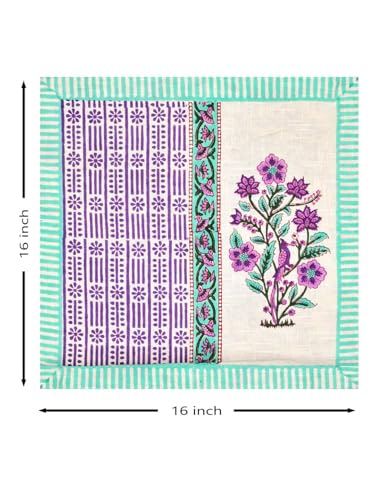 Image of BLOCKS OF INDIA Hand Block Printed Cotton Linen Cushion Cover (16 x 16 inches) (DYE Purple Turq Half)
