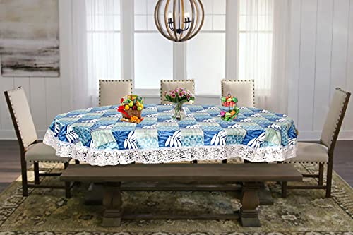 Image of The Furnishing Tree Waterproof PVC Oval Shaped 10 Seater Table Cover WxL 60x120 inches Surface Pattern Blue with White Border lace