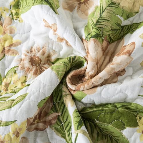 NEWLAKE Cotton Bedspread Quilt Sets - Reversible Patchwork Coverlet Set, Green/Pink Floral Pattern, Queen Size