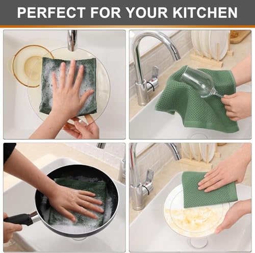 Image of 100% Cotton Kitchen Dish Cloths, 6 Pack Waffle Weave Ultra Soft Absorbent Dish Towels for Drying Dishes Quick Drying Kitchen Towels Dish Rags, 13.4 X 13.4 Inches (Grass Green, Pack of 6)