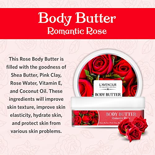 Image of L'avenour Romantic Rose Body Butter for Dry Skin for Women & Men with Shea Butter, Rose Water and Vitamin E | Quick Absorbing & Non-Greasy Rose Moisturizer - 200ml (Pack of 3)