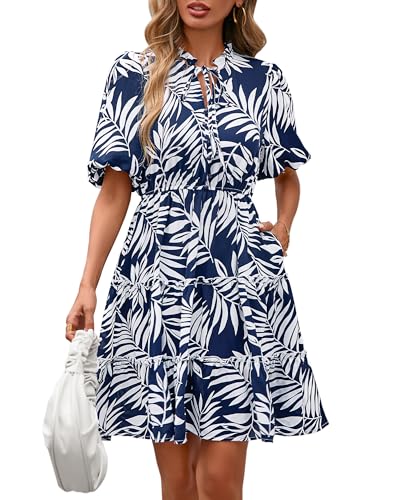 Image of BTFBM Women Summer Floral Short Dresses V Neck Short Sleeve Tiered Ruffle Boho Swing Dress A-Line Mini Dresses