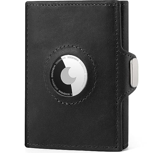 DODENSHA Cartera Airtag Hombre con Monedero | Tarjetero RFID Hombre para Ranura para 7 Tarjetas | 1 Ranuras para ID | Minimalista Regalos para Cartera Airtag Hombre | Crazy-Horse Negro