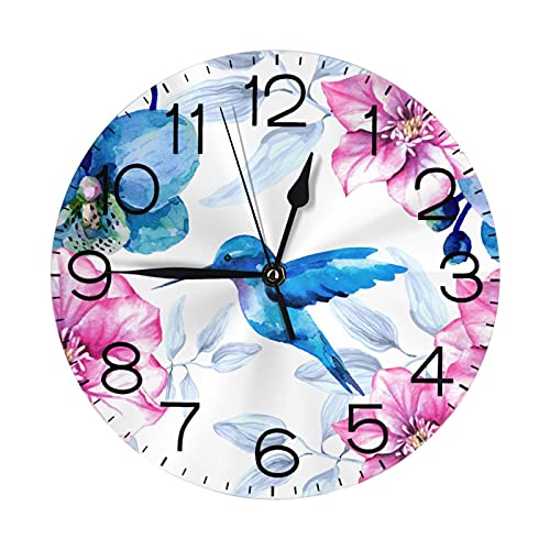 Hdadwy Horloge Murale Ronde, Colibri Aquarelle Fleur orchidée Florale silencieuse horloges Anti-cliquetis 10 Pouces à Piles Quartz analogique décoratif pour...