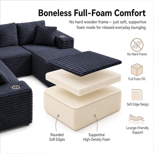 Image of 122 inch Oversized Cloud Sectional Couch for Living Room, 7 Seater U Shaped Sofa Modular Boneless Couch with Chaise | Deep Seater | Cup Holder | Side Pocket | No Assembly | Plus Corduroy, Dark Gray