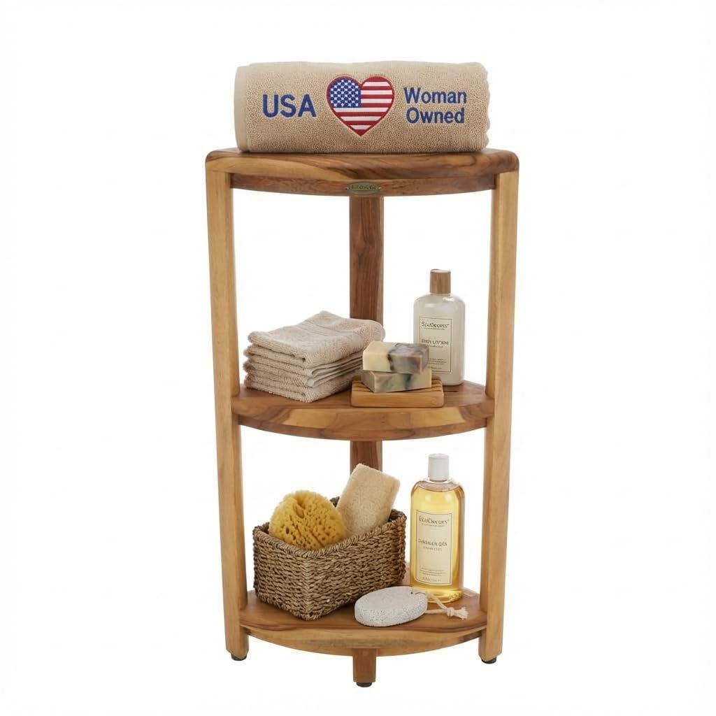 EcoDecors SnazzyCorner Natural Teak Corner Shower 3 Tier Shelf – Bathroom Organizer | Natural Wood Colors | Waterproof Teak Shower Caddy | Bathroom