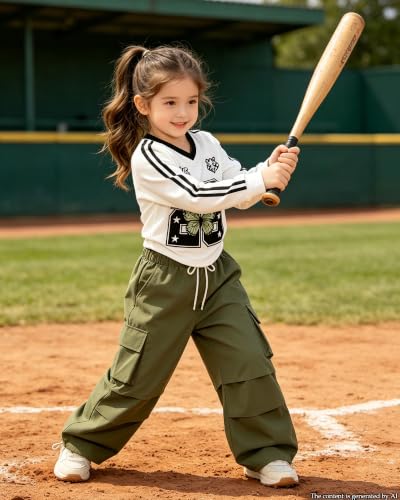 Image of Betusline Girls 2 Piece Summer Outfits,Kids Casual Short Sleeve Crop Top & Cargo Jogger Pants Sets,4T-14Y