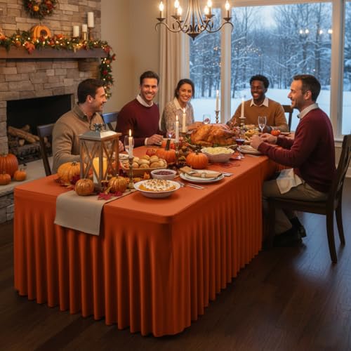 Image of HolidayIdeas 4 Pack Spandex Table Skirts for 6 Foot Rectangle Table, Bulk Fitted 30x72 Inch Stretch Covers for Banquets, Craft Fairs, Rust