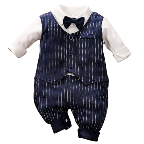 Image of HUAANIUE Newborn Baby Boys Gentleman Romper One Piece Long Sleeve Bowtie Outfit Formal Wear Tuxedo Suit