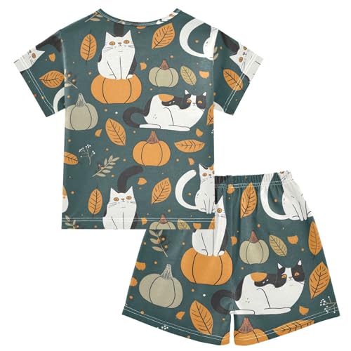 ALAZA Cat Pumpkin Halloween Pajamas Short Sleeve 2 Piece Sleepwear Top and Bottom Pajama Set Unisex2