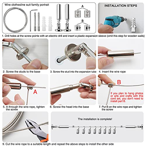 YIXISI 5m Wall Mount Curtain Wire Rod Set, Hanging Curtain Drape Rod, with 24 PCS Rustproof Stainless Steel Hanging Clamp - Image 3