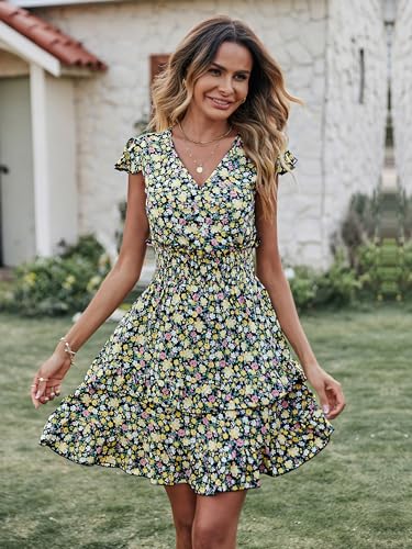 Image of PRETTYGARDEN Womens Summer Dresses Boho V Neck Floral Print Ruffle Sleeve Layered Mini Dress Cute Smocked Waist Short Dress