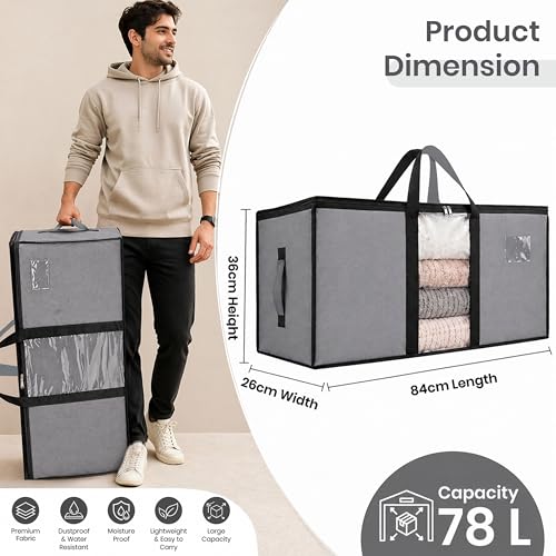 Image of Storite Jumbo Super-Size 78L Canvas Moisture Proof MultiPurpose Heavy Duty Storage Bag for Toys /Stationery /Blankets /Clothes /Moving Bag With Strong Reinforced Handles Rectangular Grey (84x26x36cm)