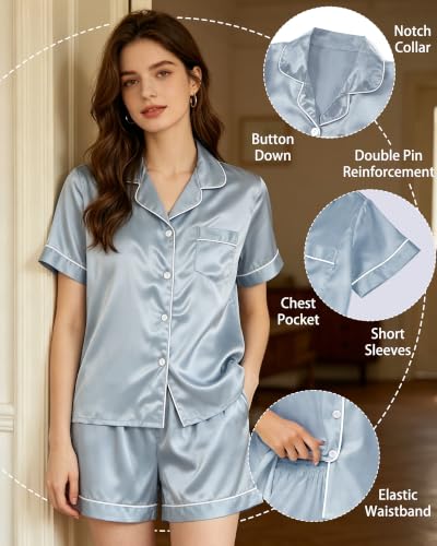 Image of 3 Piece Silk Satin Pajama Set for Women Soft Short Sleeve Button Down Pjs with Shorts Long Pants Sleepwear S-XXXL