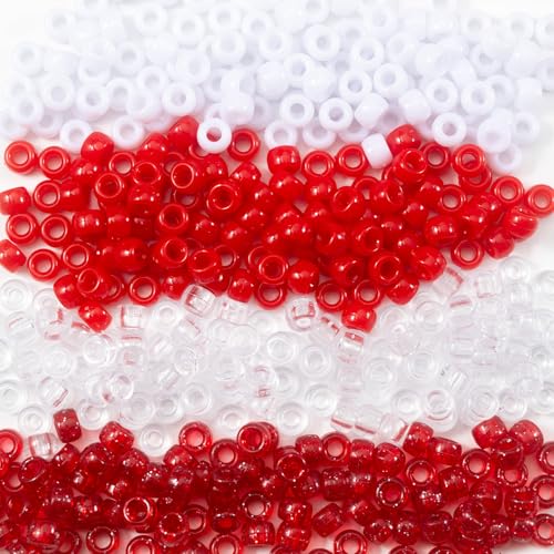 Gxchun 1000 Pcs Acrylic Pony Beads 6x9mm Bulk Plastic Large Hole White and Red 2 Mixed Beads Hair Kandi Beads for Friendship Bracelet Jewelry Making Braids Kit