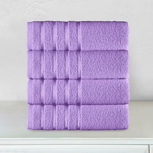Image of Elegant Comfort 100% Turkish Cotton 4 Lines Viscose Stripe Luxury 4 Pack Hand Towel Set - Ultra Absorbent and Soft 16 x 28 Inch Premium Hotel Spa Quality Towels for Everyday Bath Use, Lilac
