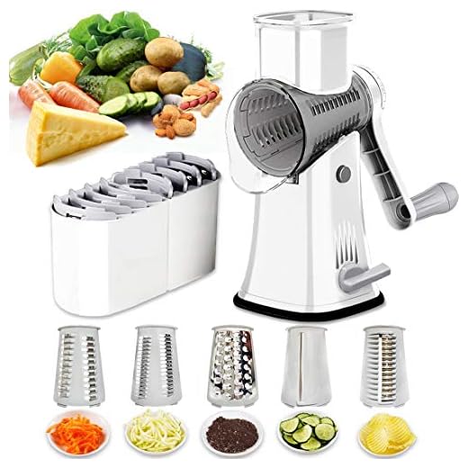 Rotary Cheese Grater Shredder 5-in-1 Tumbling Box Mandoline Vegetable Julienne Slicer Waffle Cutter Nut Chopper with Handle and Strong Suction Base