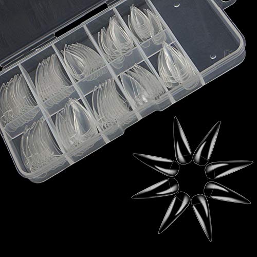 krofaue Stiletto Nail Tips Shape Half Cover False Nails Acrylic Artificial 10 Sizes 100pcs For DIY Nail Art And Nail Salons with Box (Clear)