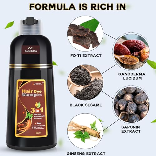 IIIMEIDU Dark Coffee Hair Dye Shampoo 3 in 1 for Gray Hair, Semi Permanent Hair Color Shampoo Hair Dye for Women Men, Grey Coverage 500ml — view 4